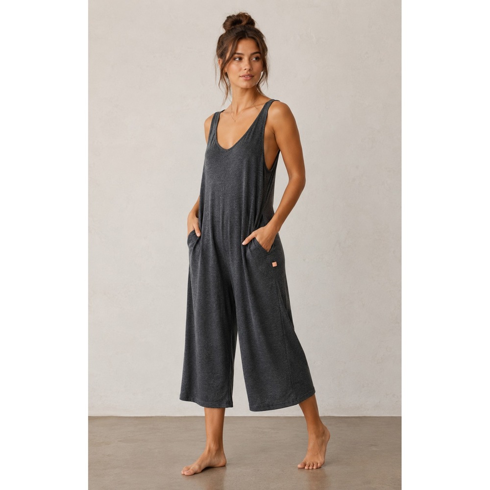 Lunya Jumpsuit Sz S Grey Pima Cotton Blend Crop Lounge Pockets Wide Leg Cozy